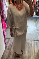 Women's casual round neck top cotton and linen skirt suit