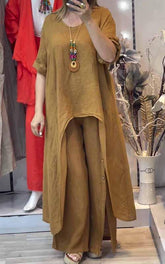 Women's Round Neck Long Cotton and Linen Two Piece Suit