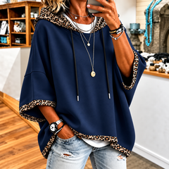 Women's Leopard Trim Hoodie – Relaxed Fit Drawstring Sweatshirt