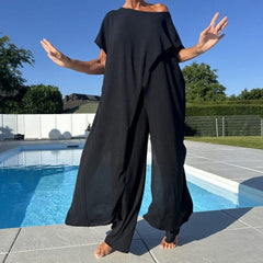 Solid Color Off-Shoulder Top & Pants Set