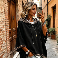 Women's Leopard Trim Hoodie – Relaxed Fit Drawstring Sweatshirt