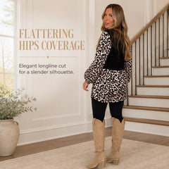 Women's Leopard Print Patchwork Tunic Top – Relaxed Long Sleeve