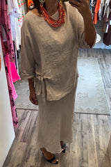 Women's casual round neck top cotton and linen skirt suit
