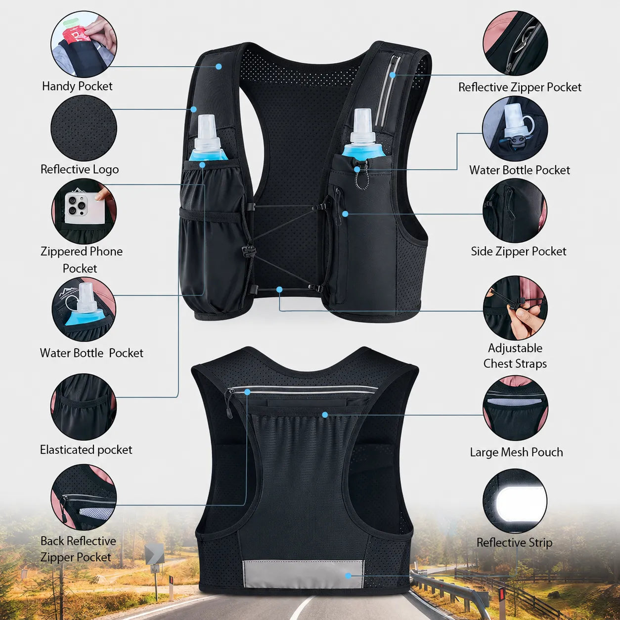 Lightweight Running Hydration Vest with 9 Pockets & Adjustable Fit