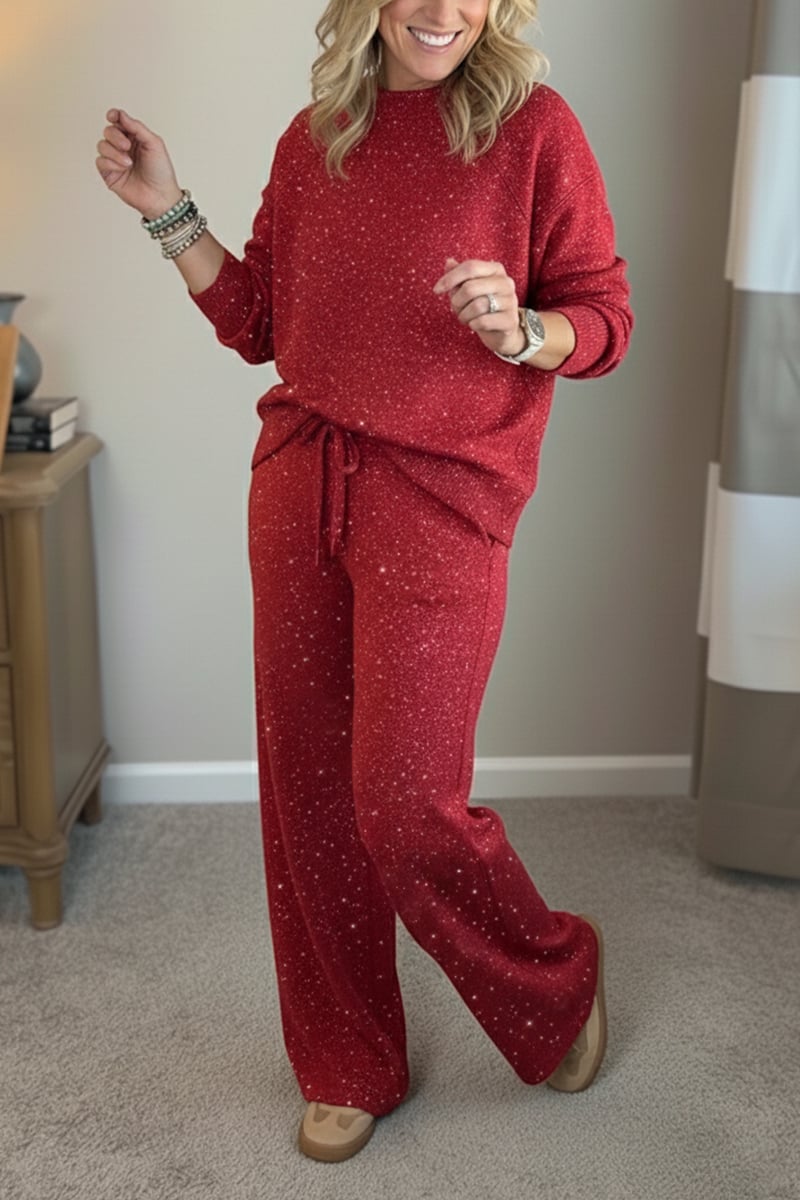 🎄 New Arrivals🔥 Cozy Travel Crew Neck Shiny Sweatshirt and Pant 2 Piece Sets