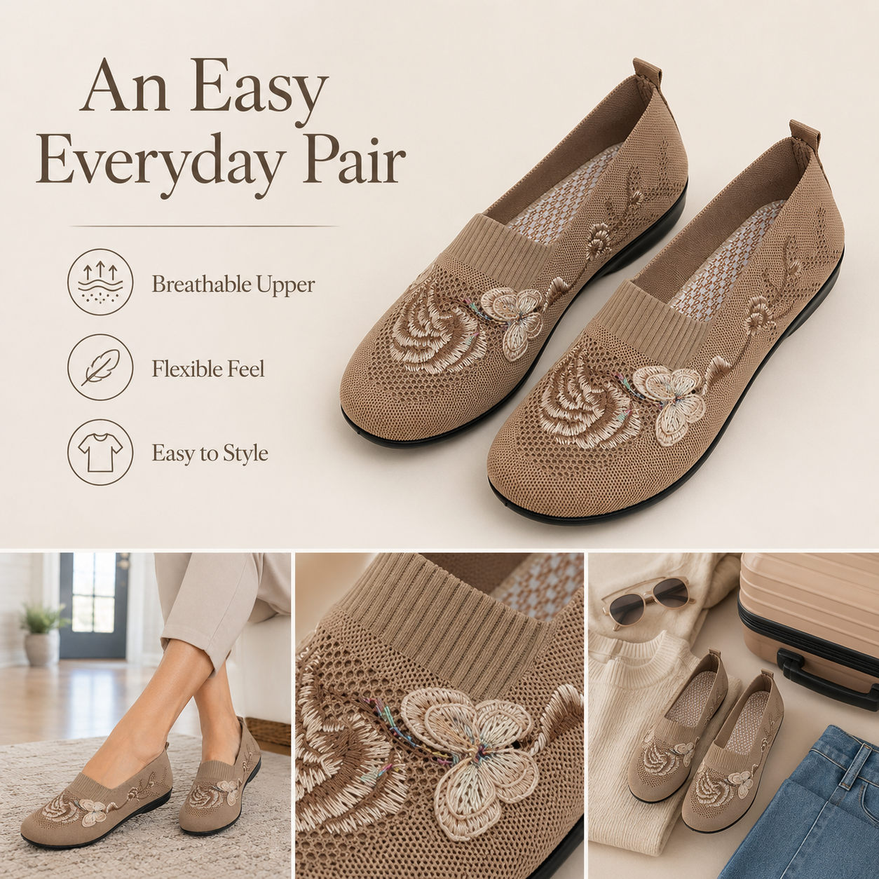 Women's Ultra-Soft Embroidered Knit Slip-On Shoes with Flexible Non-Slip Rubber Sole