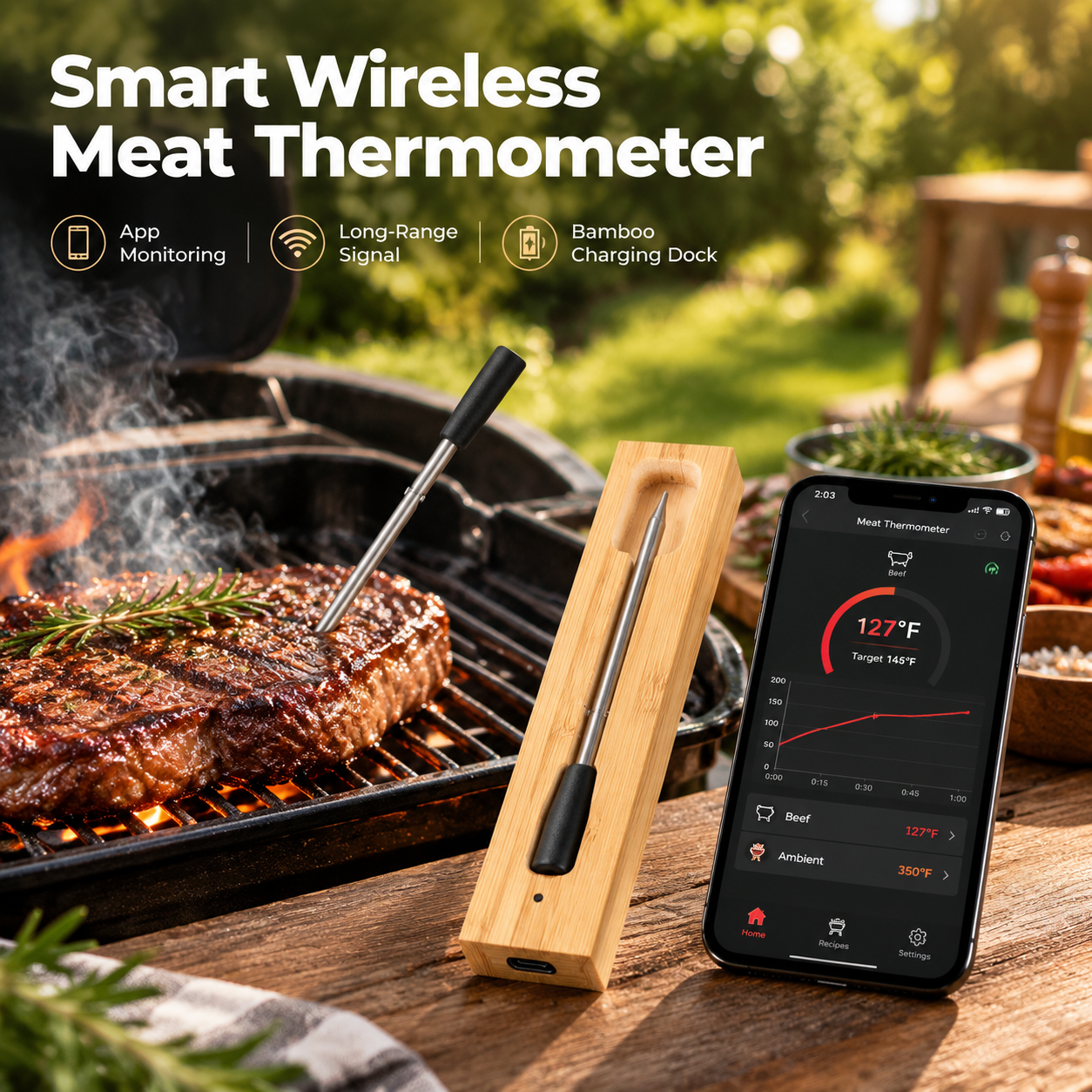 Long-Range Smart Meat Thermometer – App Monitoring & Bamboo Charging Dock-T22