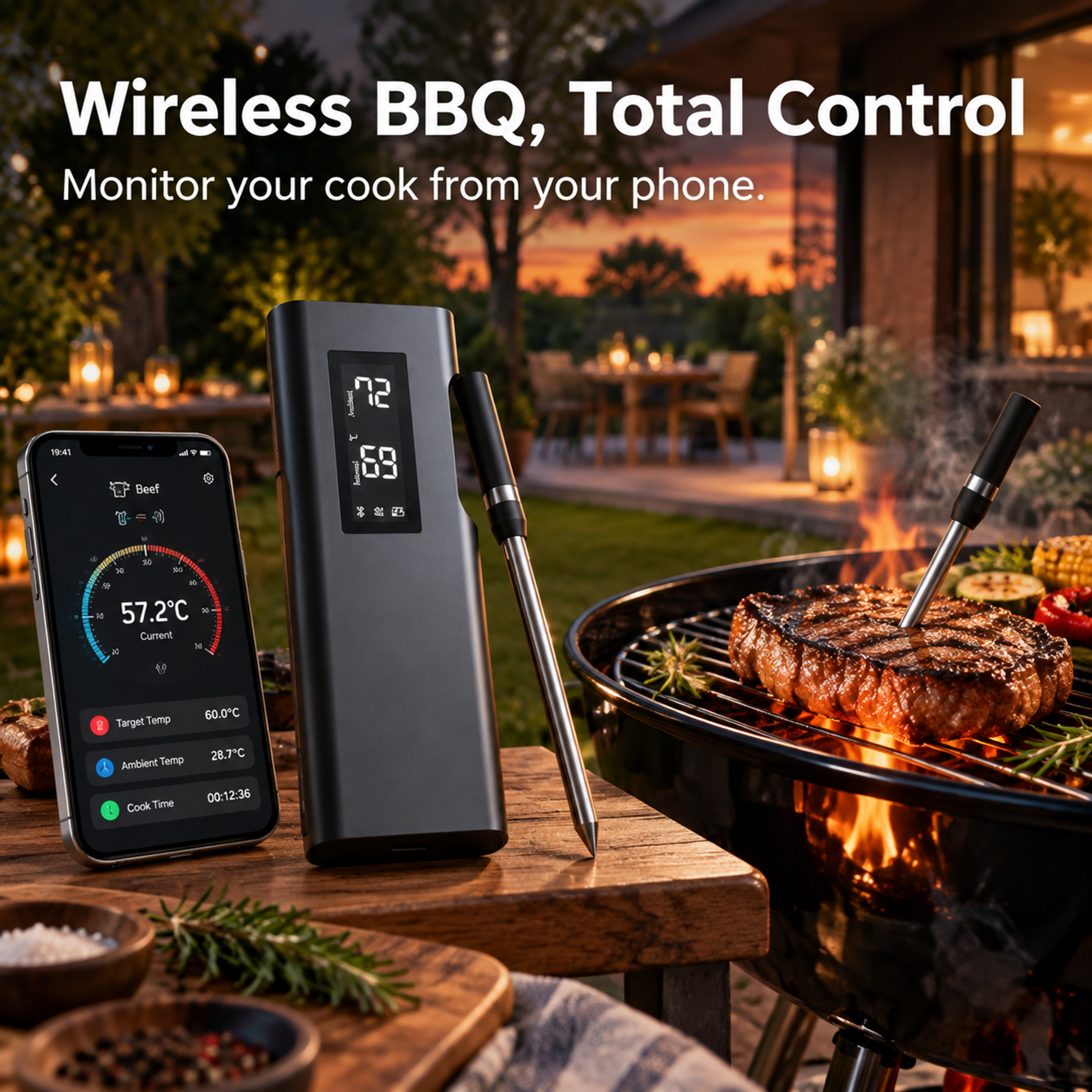 Long-Range Wireless Meat Thermometer – Dual-Temp BBQ Probe with App Alerts-T19