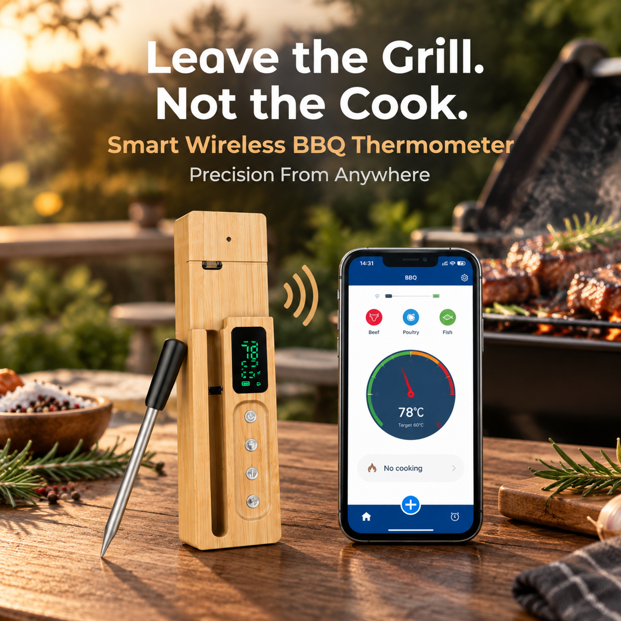 Long-Range Smart Wireless Meat Thermometer – High-Heat Ceramic Probe & App Alerts- T20