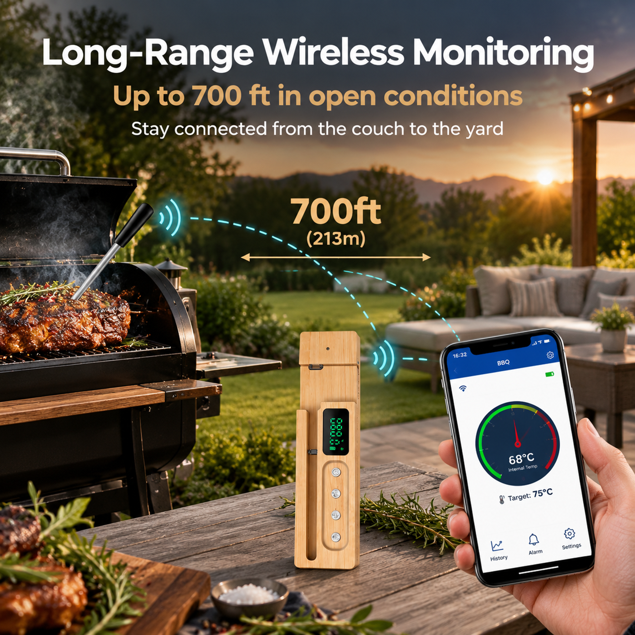 Long-Range Smart Wireless Meat Thermometer – High-Heat Ceramic Probe & App Alerts- T20