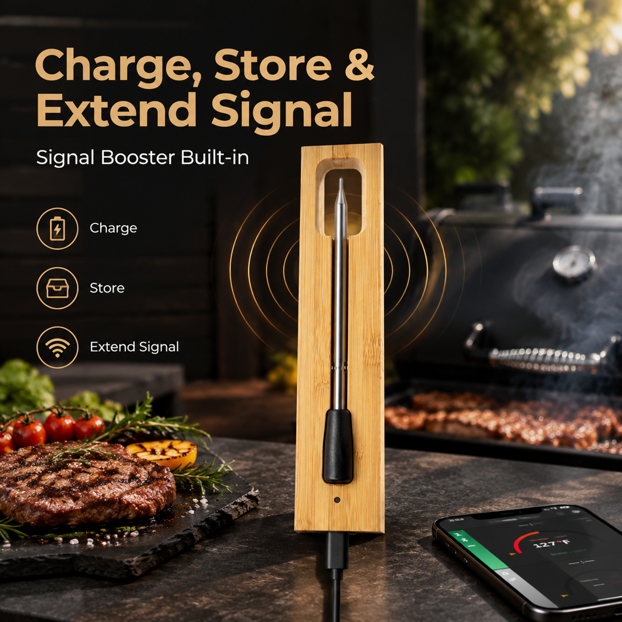 Long-Range Smart Meat Thermometer – App Monitoring & Bamboo Charging Dock-T22