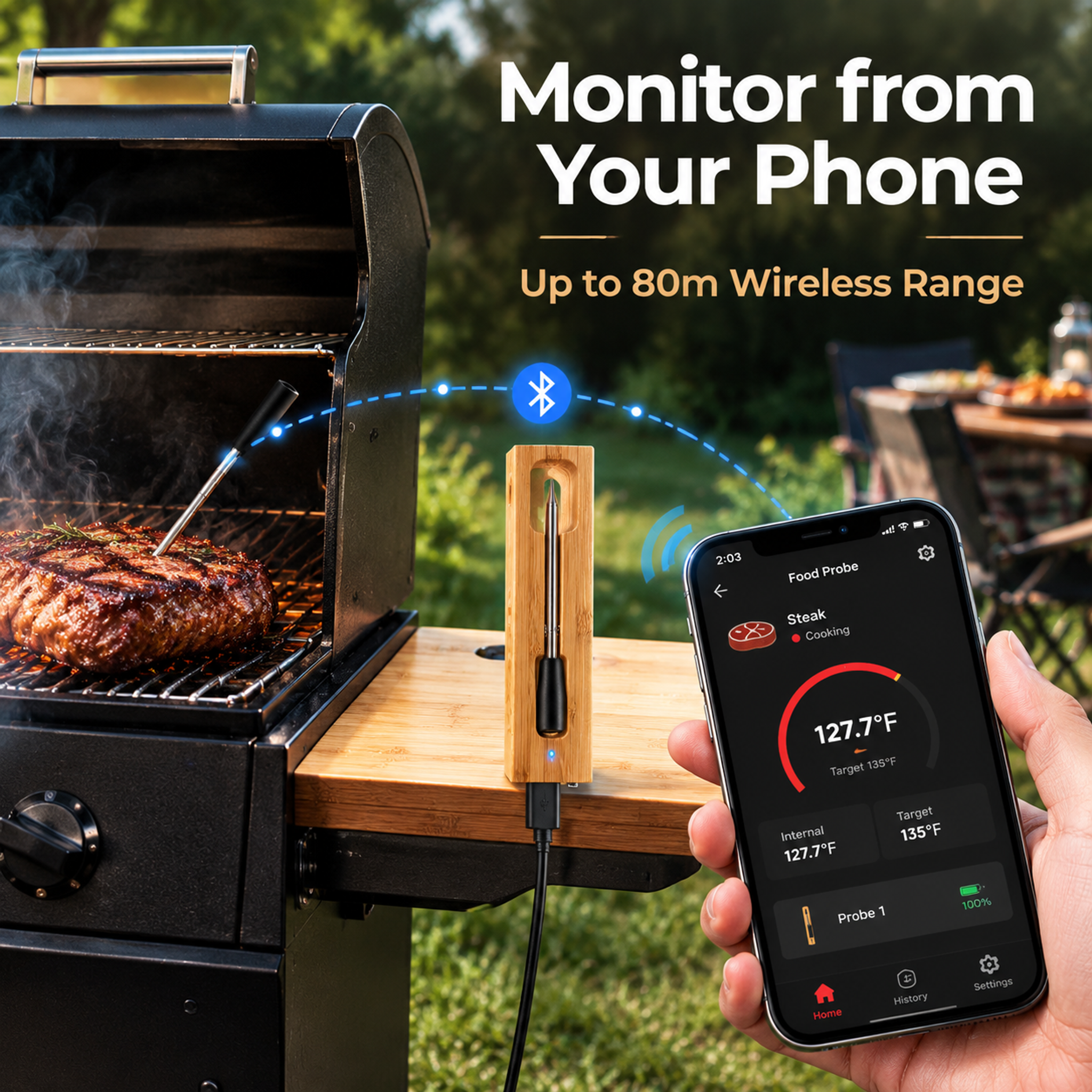 Long-Range Smart Meat Thermometer – App Monitoring & Bamboo Charging Dock-T22