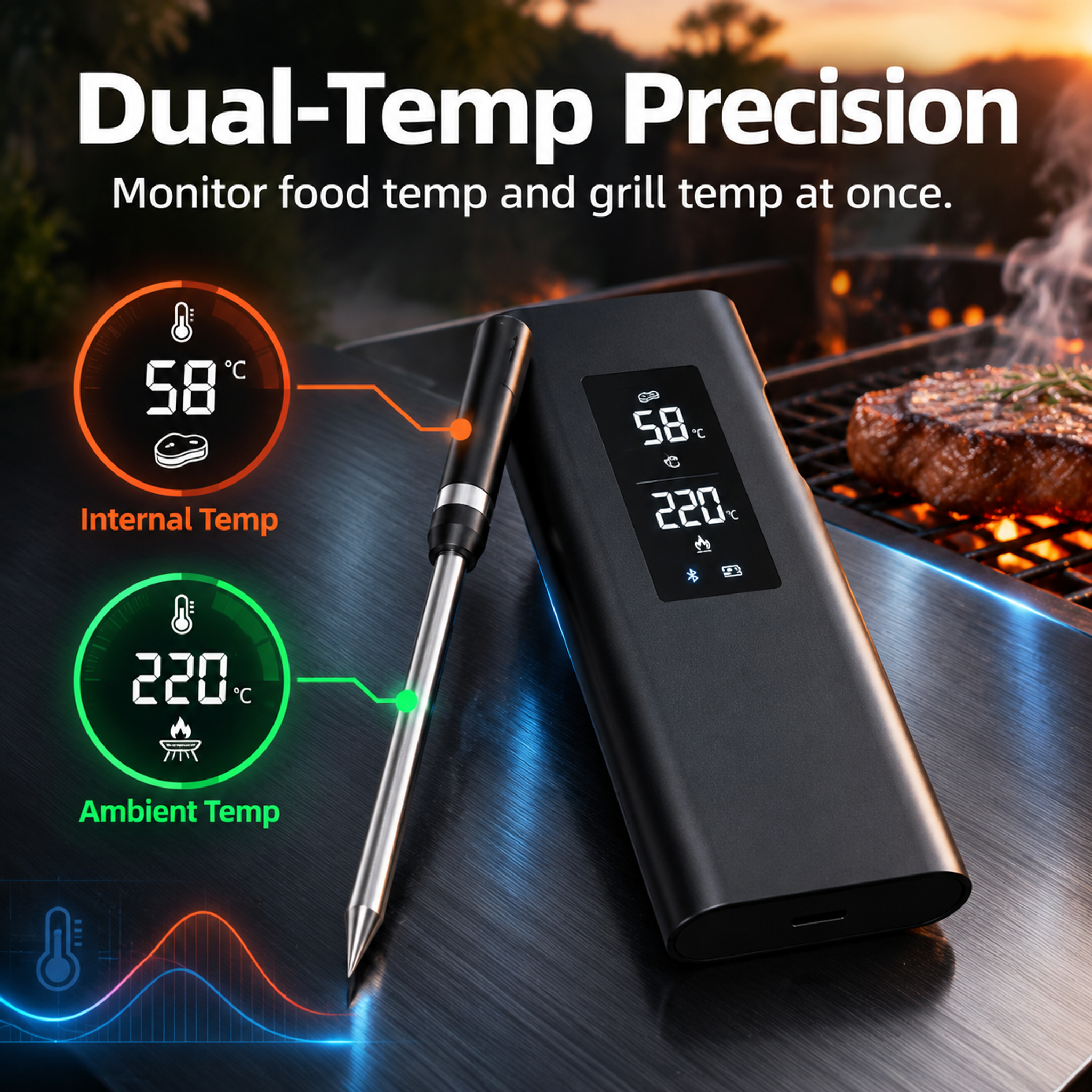 Long-Range Wireless Meat Thermometer – Dual-Temp BBQ Probe with App Alerts-T19