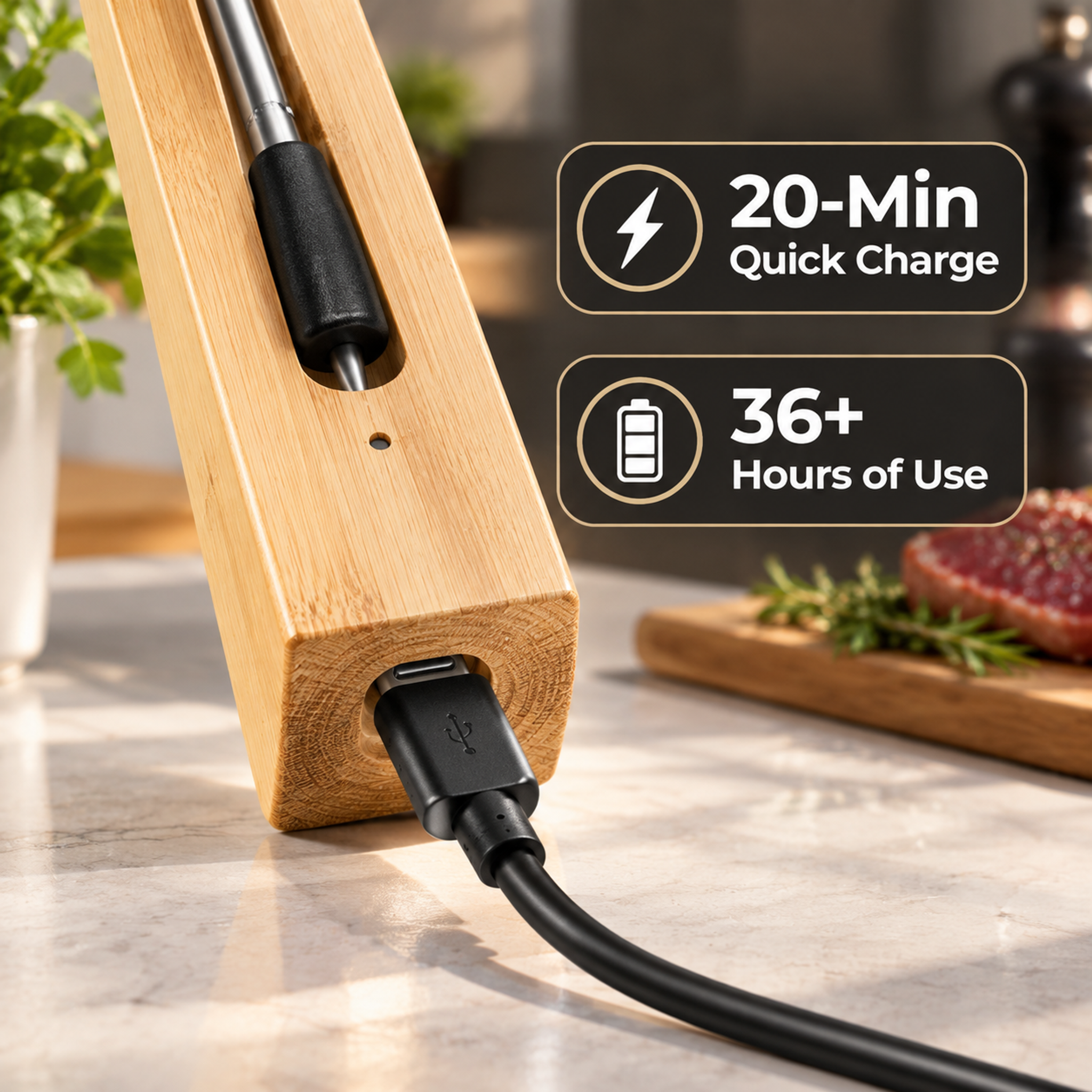 Long-Range Smart Meat Thermometer – App Monitoring & Bamboo Charging Dock-T22