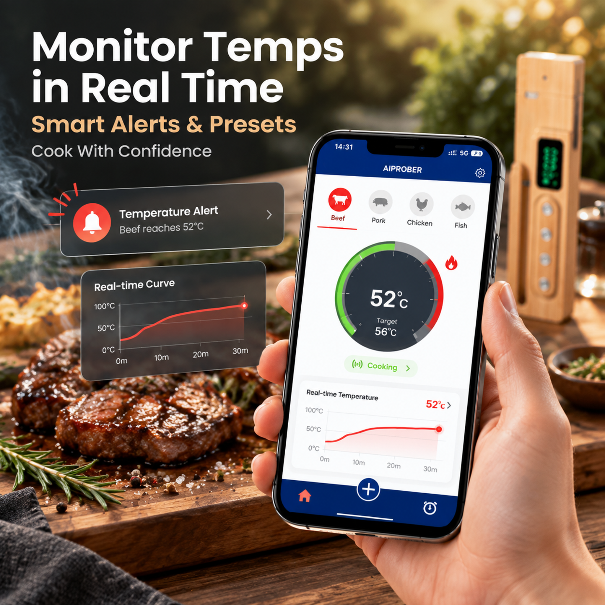Long-Range Smart Wireless Meat Thermometer – High-Heat Ceramic Probe & App Alerts- T20