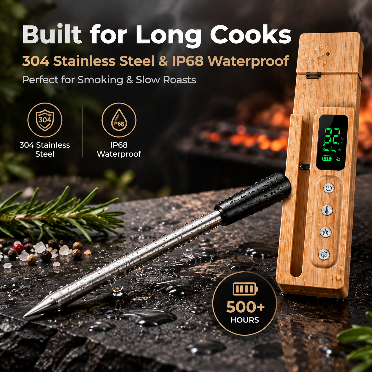 Long-Range Smart Wireless Meat Thermometer – High-Heat Ceramic Probe & App Alerts- T20