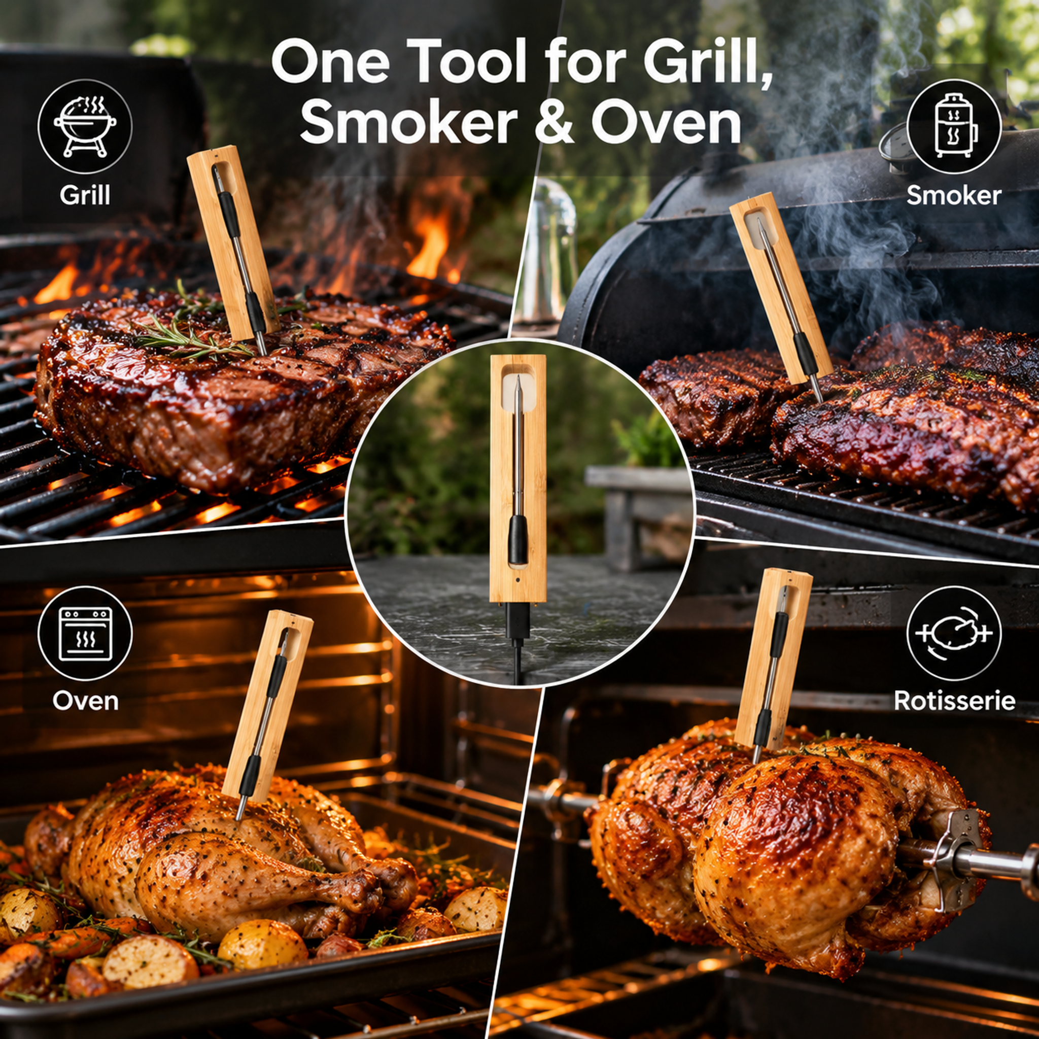 Long-Range Smart Meat Thermometer – App Monitoring & Bamboo Charging Dock-T22