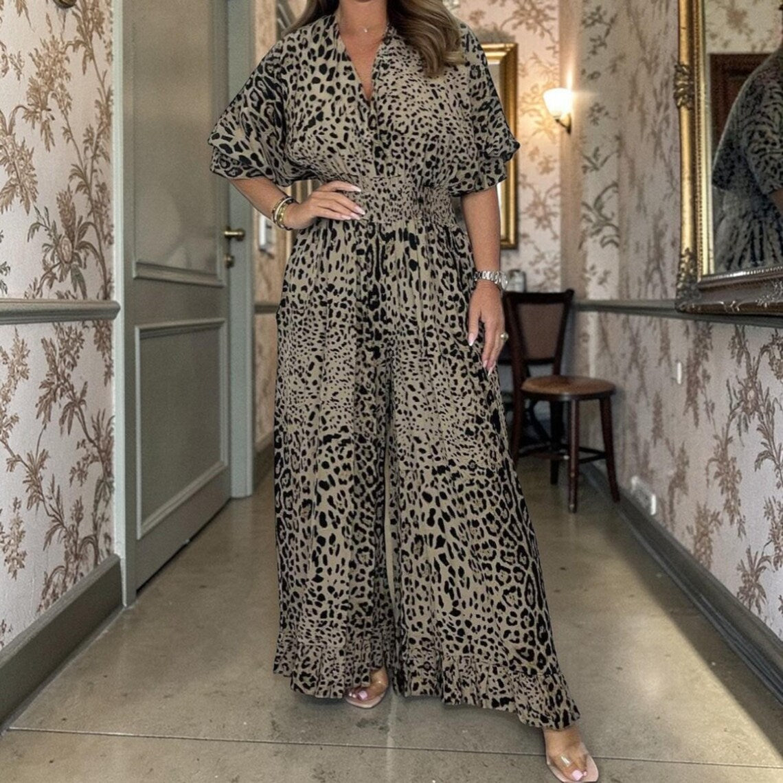 Leopard print casual loose jumpsuit