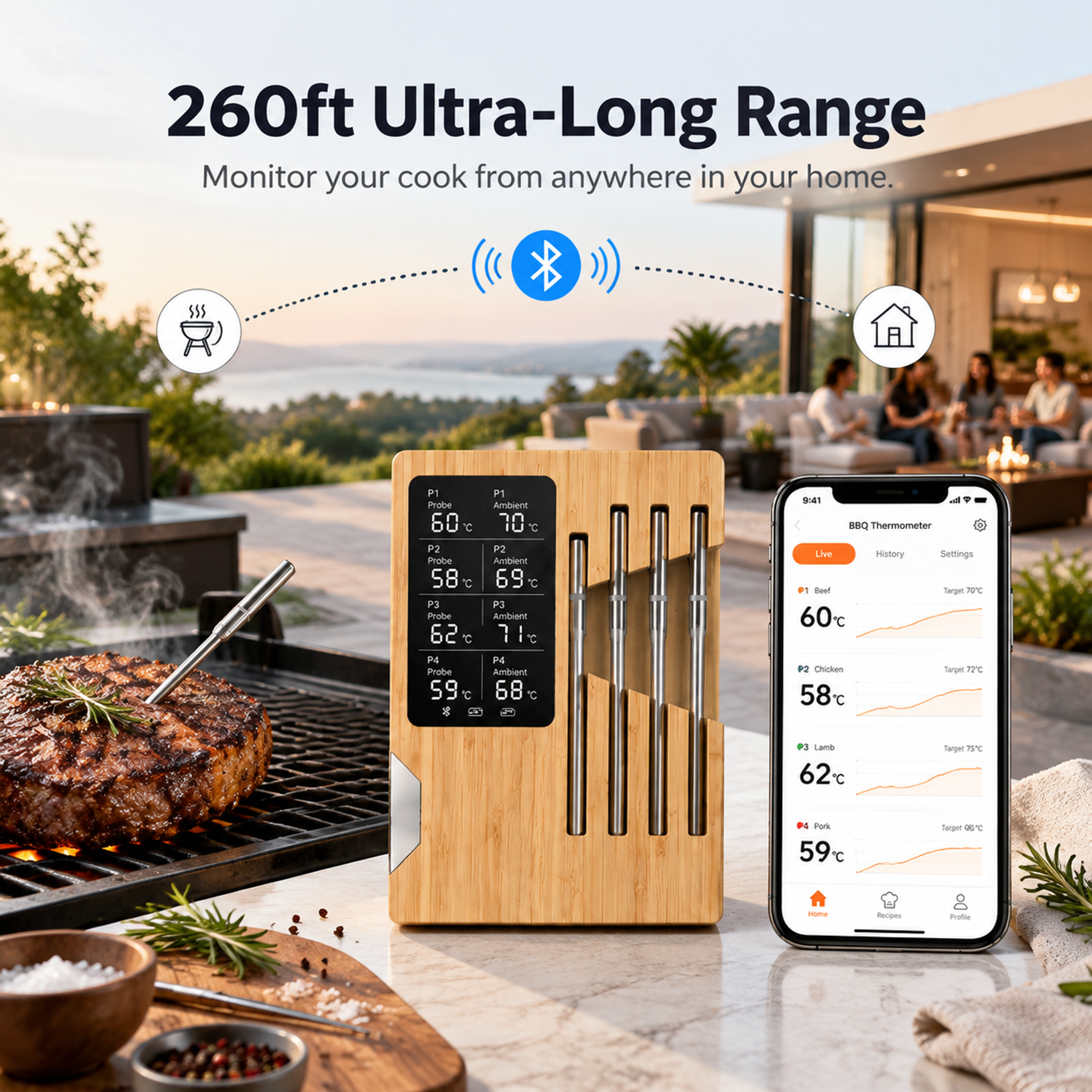 4-Probe Smart Wireless Meat Thermometer – Long-Range BBQ & Smoker Monitor-T17