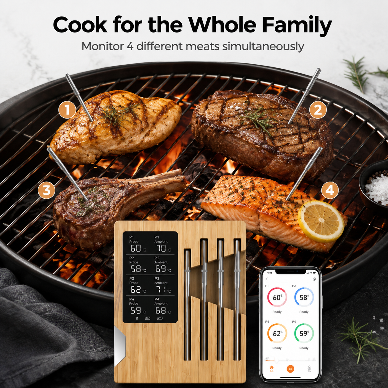 4-Probe Smart Wireless Meat Thermometer – Long-Range BBQ & Smoker Monitor-T17