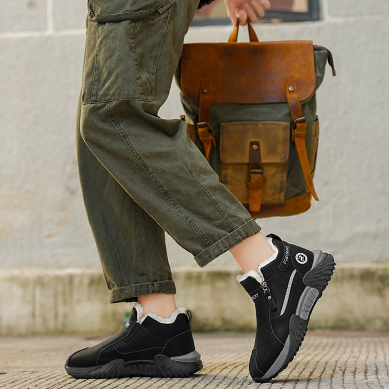 Men's Warm-Lined PU Leather Winter Sneakers – Easy Side-Zip