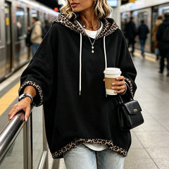 Women's Leopard Trim Hoodie – Relaxed Fit Drawstring Sweatshirt