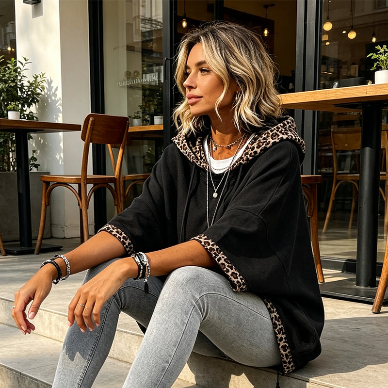 Women's Leopard Trim Hoodie – Relaxed Fit Drawstring Sweatshirt