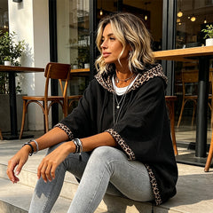 Women's Leopard Trim Hoodie – Relaxed Fit Drawstring Sweatshirt