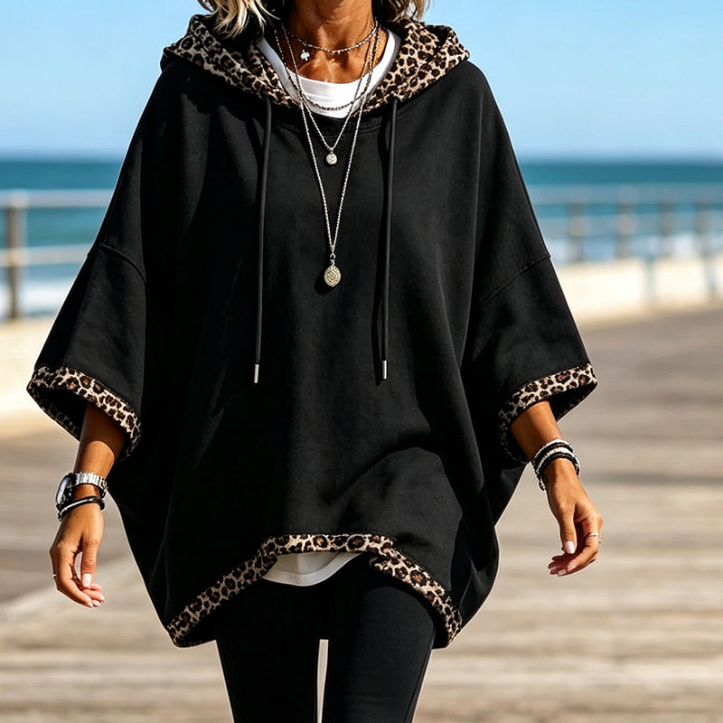 Women's Leopard Trim Hoodie – Relaxed Fit Drawstring Sweatshirt