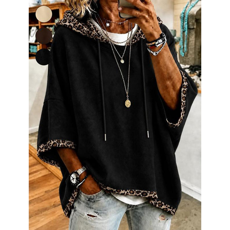 Women's Leopard Trim Hoodie – Relaxed Fit Drawstring Sweatshirt